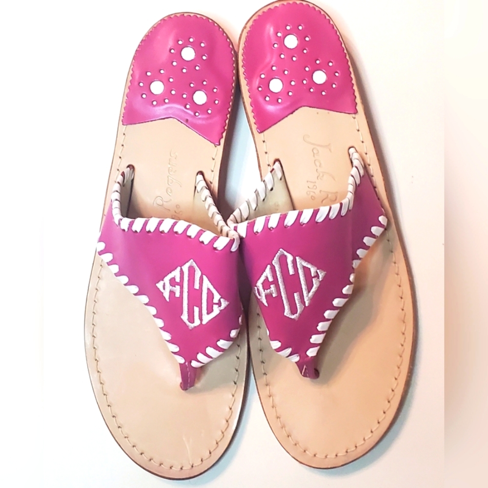 Jack Rogers Fuchsia Pink Monogrammed fCc Navajo Leather Sandals Size 8